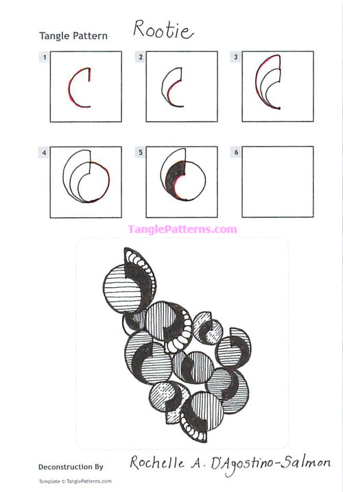 How to draw the Zentangle pattern Rootie, tangle and deconstruction by Rochelle Salmon. Image copyright the artist and used with permission, ALL RIGHTS RESERVED.