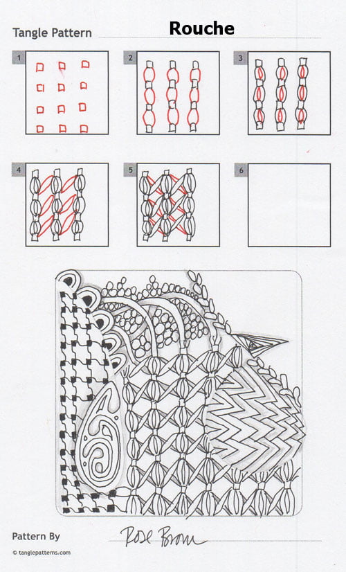 Steps for drawing Rose Brown's Rouche tangle pattern
