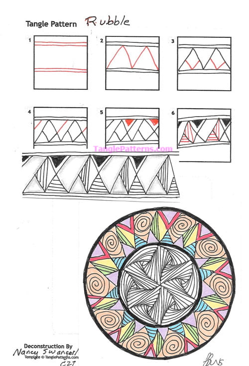 How to draw the Zentangle pattern Rubble, tangle and deconstruction by Nancy Swanger. Image copyright the artist and used with permission, ALL RIGHTS RESERVED.