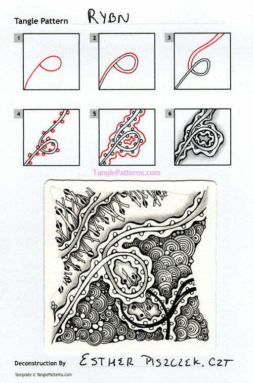 How to draw the Zentangle pattern Rybn, tangle and deconstruction by Esther Piszczek. Image copyright the artist and used with permission, ALL RIGHTS RESERVED.