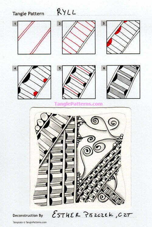How to draw the Zentangle pattern Ryll, tangle and deconstruction by Esther Piszczek. Image copyright the artist and used with permission, ALL RIGHTS RESERVED.