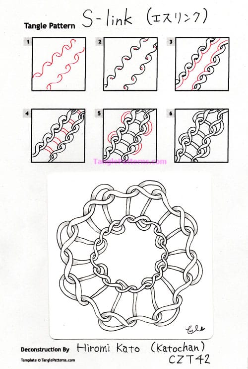 How to draw the Zentangle pattern S-link, tangle and deconstruction by Hiromi Kato. Image copyright the artist and used with permission, ALL RIGHTS RESERVED.