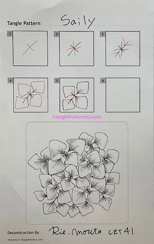 How to draw the Zentangle pattern Saily, tangle and deconstruction by Rie Morita. Image copyright the artist and used with permission, ALL RIGHTS RESERVED.