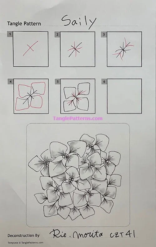 How to draw the Zentangle pattern Saily, tangle and deconstruction by Rie Morita. Image copyright the artist and used with permission, ALL RIGHTS RESERVED.