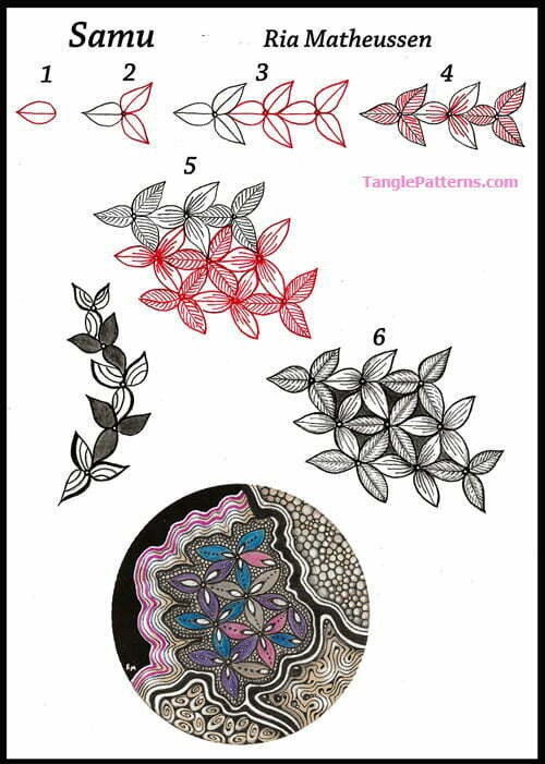 How to draw the Zentangle pattern Samu, tangle and deconstruction by Ria Matheussen. Image copyright the artist and used with permission, ALL RIGHTS RESERVED.