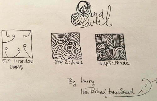 Steps for drawing Karry Huen's Sand Swirl tangle pattern