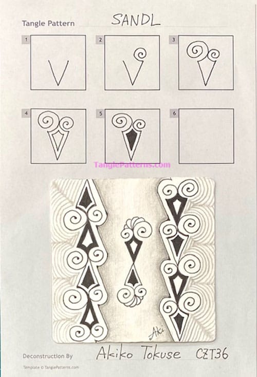 How to draw the Zentangle pattern Sandl, tangle and deconstruction by Akiko Tokuse. Image copyright the artist and used with permission, ALL RIGHTS RESERVED.