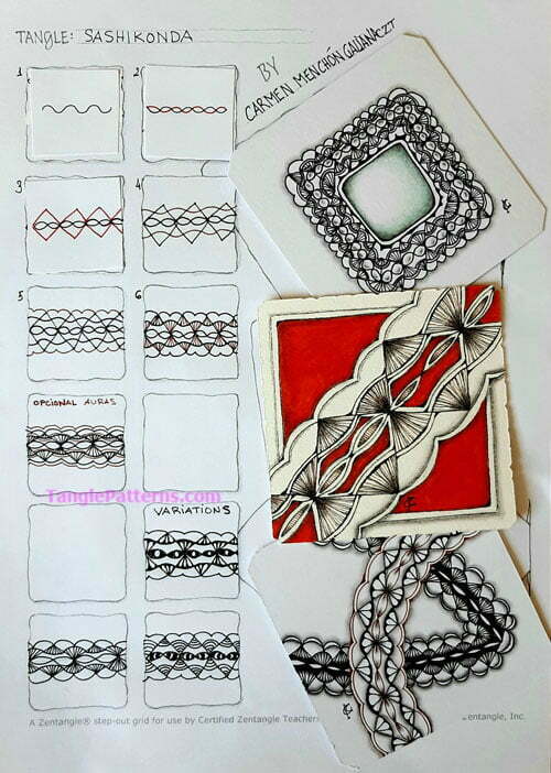 How to draw the Zentangle pattern Sashikonda, tangle and deconstruction by Carmen Menchón. Image copyright the artist and used with permission, ALL RIGHTS RESERVED.