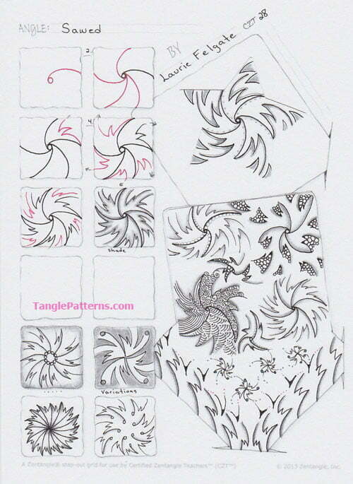 How to draw the Zentangle pattern Sawed, tangle and deconstruction by Laurie Felgate. Image copyright the artist and used with permission, ALL RIGHTS RESERVED.