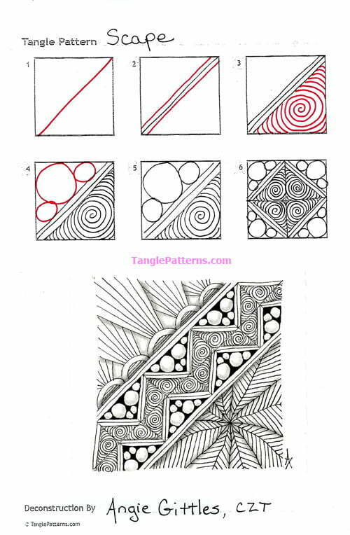 How to draw the Zentangle pattern Scape, tangle and deconstruction by Angie Gittles. Image copyright the artist and used with permission, ALL RIGHTS RESERVED.