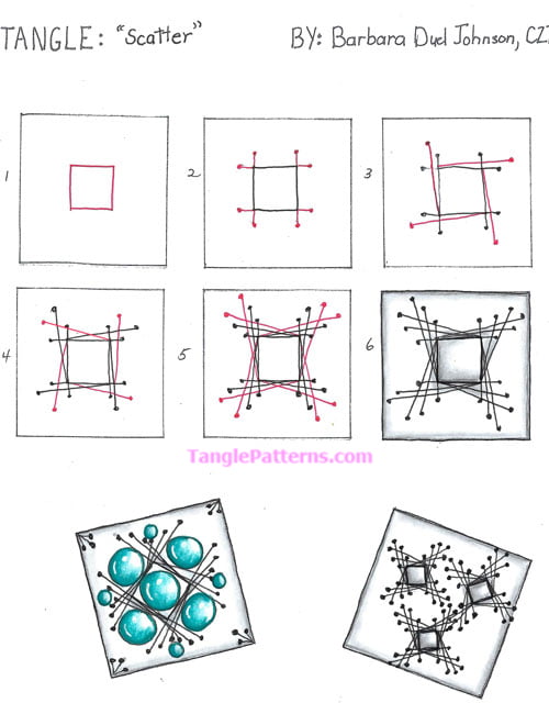 How to draw the Zentangle pattern Scatter, tangle by and deconstruction by Barbara Duel Johnson. Image copyright the artist and used with permission, ALL RIGHTS RESERVED.