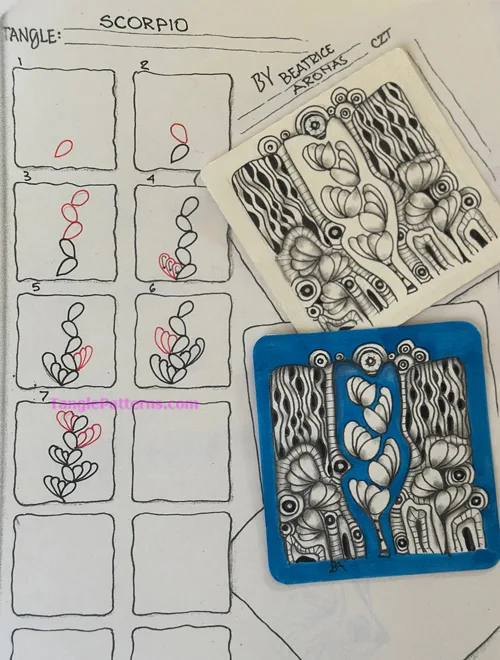 How to draw the Zentangle pattern Scorpio, tangle and deconstruction by Beatrice Aronas. Image copyright the artist and used with permission, ALL RIGHTS RESERVED. How to draw the Zentangle pattern Scorpio, tangle and deconstruction by Beatrice Aronas. Image copyright the artist and used with permission, ALL RIGHTS RESERVED.