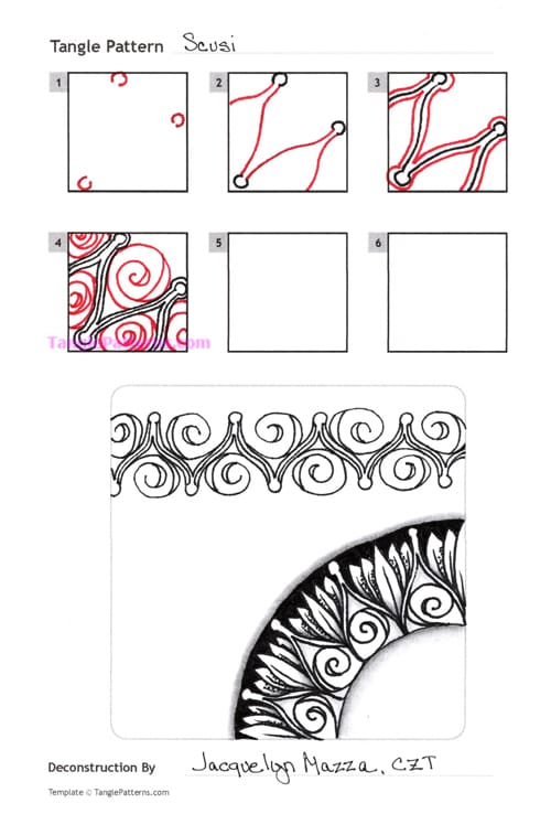 How to draw the Zentangle pattern Scusi, tangle and deconstruction by Jacquelyn Mazza. Image copyright the artist and used with permission, ALL RIGHTS RESERVED. How to draw the Zentangle pattern Scusi, tangle and deconstruction by Jacquelyn Mazza. Image copyright the artist and used with permission, ALL RIGHTS RESERVED.