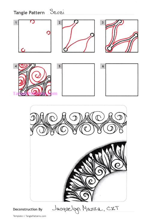 How to draw the Zentangle pattern Scusi, tangle and deconstruction by Jacquelyn Mazza. Image copyright the artist and used with permission, ALL RIGHTS RESERVED.