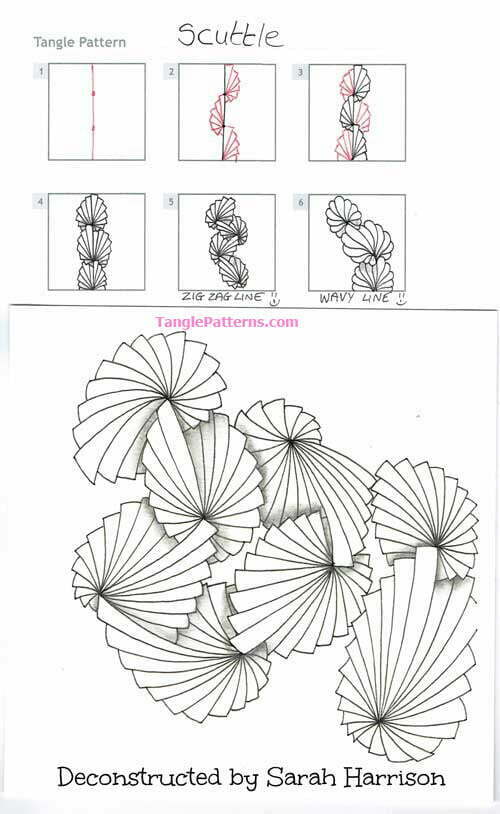 How to draw the Zentangle pattern Scuttle, tangle and deconstruction by Sarah Harrison. Image copyright the artist and used with permission, ALL RIGHTS RESERVED.
