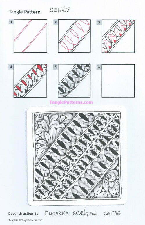 How to draw the Zentangle pattern Sen25, tangle and deconstruction by Encarna Rodriguez. Image copyright the artist and used with permission, ALL RIGHTS RESERVED.