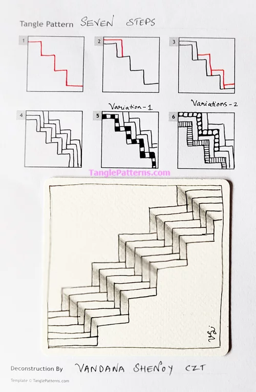 How to draw the Zentangle pattern Seven Steps, tangle and deconstruction by Vandana Shenoy. Image copyright the artist and used with permission, ALL RIGHTS RESERVED. How to draw the Zentangle pattern Seven Steps, tangle and deconstruction by Vandana Shenoy. Image copyright the artist and used with permission, ALL RIGHTS RESERVED.