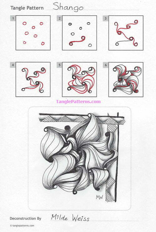 How to draw the Zentangle pattern Shango, tangle and deconstruction by Milde Weiss. Image copyright the artist and used with permission, ALL RIGHTS RESERVED.