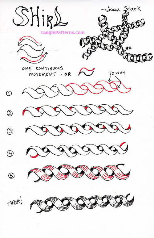 How to draw the Zentangle pattern Shirl, tangle and deconstruction by Joan Stark. Image copyright the artist and used with permission, ALL RIGHTS RESERVED.