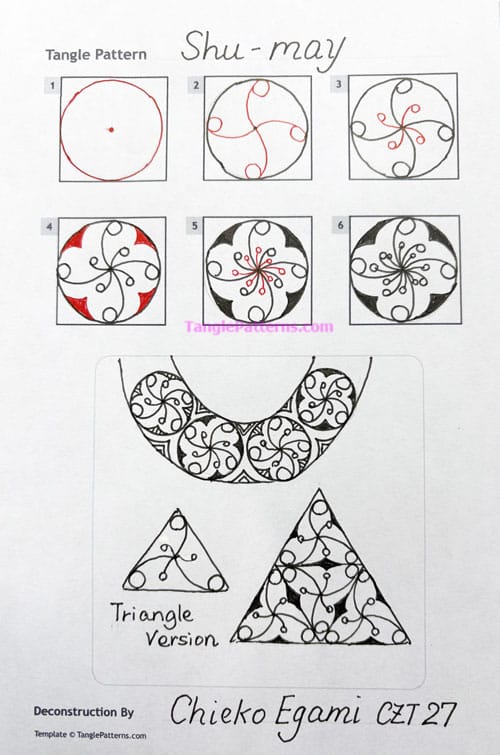 How to draw the Zentangle pattern Shu-may, tangle and deconstruction by Chieko Egami. Image copyright the artist and used with permission, ALL RIGHTS RESERVED.