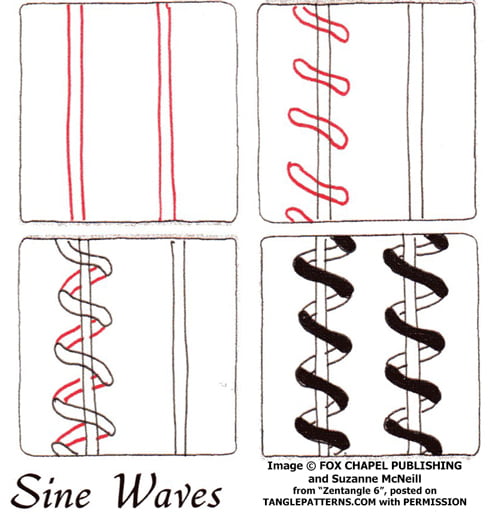 How to draw the Zentangle pattern Sine Waves, tangle and deconstruction by Suzanne McNeill. Image copyright the artist and used with permission, ALL RIGHTS RESERVED.