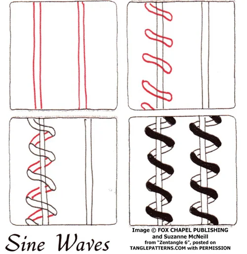 How to draw the Zentangle pattern Sine Waves, tangle and deconstruction by Suzanne McNeill. Image copyright the artist and used with permission, ALL RIGHTS RESERVED.