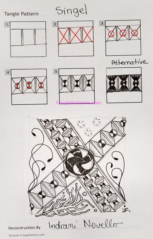 How to draw the Zentangle pattern Singel, tangle and deconstruction by Indrani Novello. Image copyright the artist and used with permission, ALL RIGHTS RESERVED.