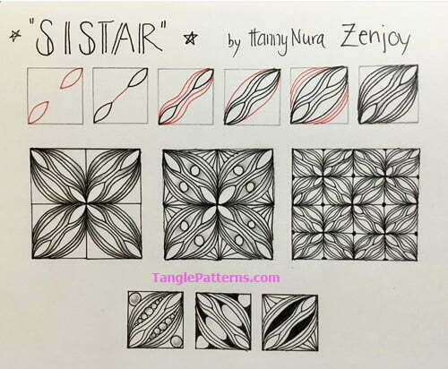 How to draw the Zentangle pattern Sistar, tangle and deconstruction by Ria Matheussen. Image copyright the artist and used with permission, ALL RIGHTS RESERVED.