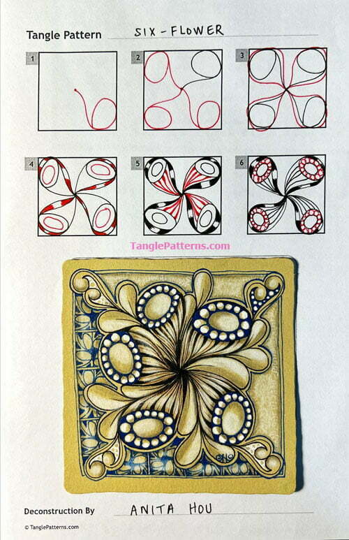 How to draw the Zentangle pattern Six-Flower, tangle and deconstruction by Anita Hou. Image copyright the artist and used with permission, ALL RIGHTS RESERVED.