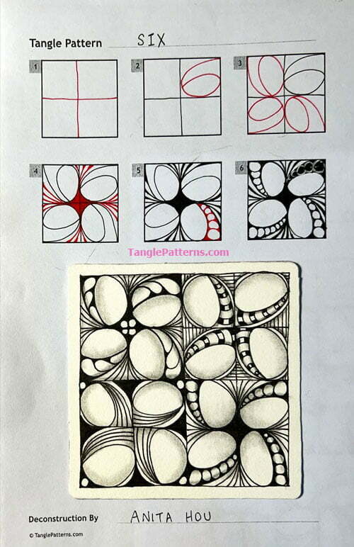 How to draw the Zentangle pattern Six, tangle and deconstruction by Anita Hou. Image copyright the artist and used with permission, ALL RIGHTS RESERVED.