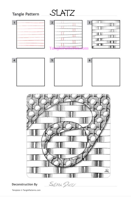 How to draw the Zentangle pattern Slatz, tangle and deconstruction by Sean Duffy. Image copyright the artist and used with permission, ALL RIGHTS RESERVED.