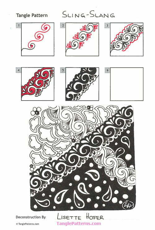 How to draw the Zentangle pattern Sling-Slang, tangle and deconstruction by Lisette Hofer. Image copyright the artist and used with permission, ALL RIGHTS RESERVED.