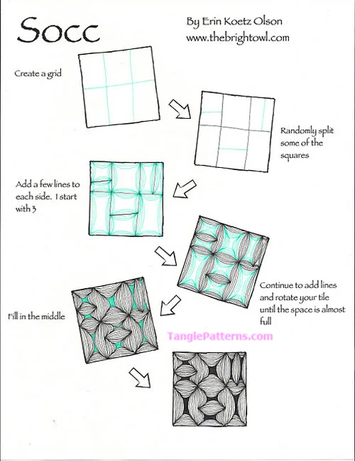 How to draw the Zentangle pattern Socc, tangle and deconstruction by Erin Olson. Image copyright the artist and used with permission, ALL RIGHTS RESERVED. How to draw the Zentangle pattern Socc, tangle and deconstruction by Erin Olson. Image copyright the artist and used with permission, ALL RIGHTS RESERVED.
