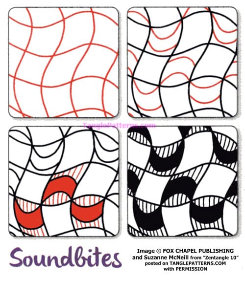 How to draw the Zentangle pattern Soundbites, tangle and deconstruction by Suzanne McNeill. Image copyright the artist and used with permission, ALL RIGHTS RESERVED.