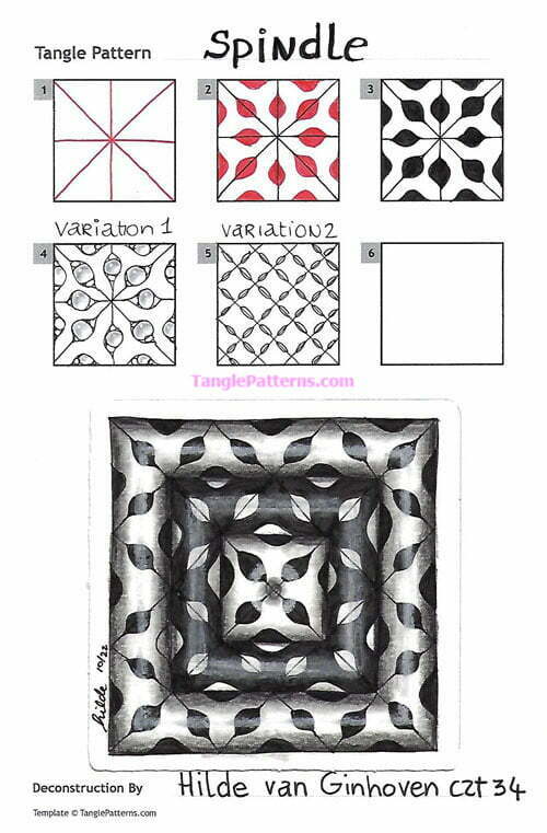 How to draw the Zentangle pattern Spindle, tangle and deconstruction by Hilde van Ginhoven. Image copyright the artist and used with permission, ALL RIGHTS RESERVED.