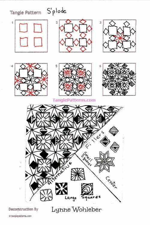 How to draw the Zentangle pattern S'plode, tangle and deconstruction by Lynne Wohleber. Image copyright the artist and used with permission, ALL RIGHTS RESERVED.