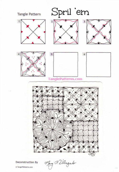 How to draw the Zentangle pattern Spril 'em, tangle and deconstruction by Mary D'Angelo. Image copyright the artist and used with permission, ALL RIGHTS RESERVED.