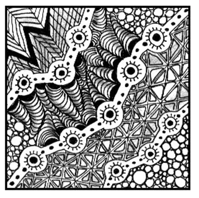 Zentangle® including her Sprocket tangle pattern, by Vera Giesbrecht. Copyright the artist, ALL RIGHTS RESERVED. Used with permission.