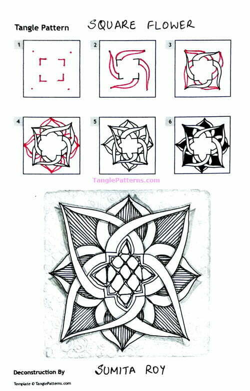 How to draw the Zentangle pattern Square Flower, tangle and deconstruction by Sumita Roy. Image copyright the artist and used with permission, ALL RIGHTS RESERVED.