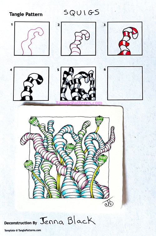 How to draw the Zentangle pattern Squigs, tangle and deconstruction by Jenna Black. Image copyright the artist and used with permission, ALL RIGHTS RESERVED.