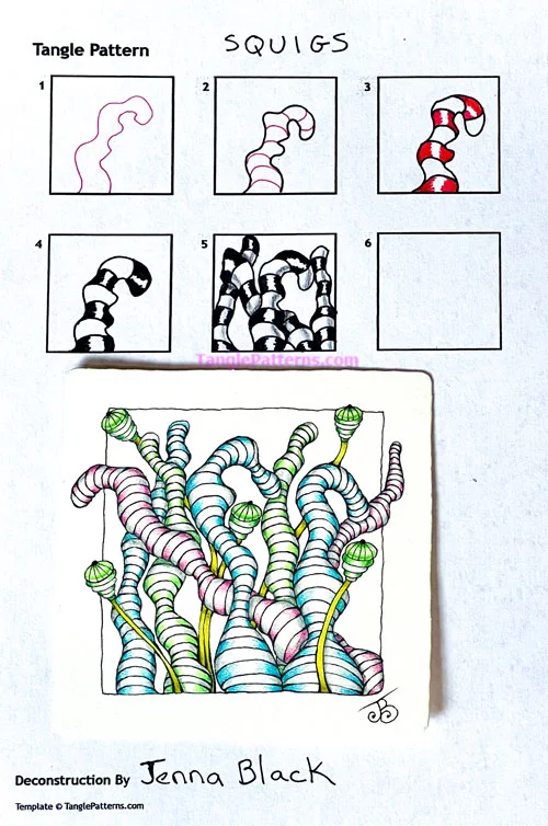 How to draw the Zentangle pattern Squigs, tangle and deconstruction by Jenna Black. Image copyright the artist and used with permission, ALL RIGHTS RESERVED. How to draw the Zentangle pattern Squigs, tangle and deconstruction by Jenna Black. Image copyright the artist and used with permission, ALL RIGHTS RESERVED.