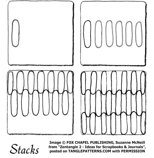 How to draw the Zentangle pattern Stacks, tangle and deconstruction by Suzanne McNeill. Image copyright Suzanne McNeill and Fox Chapel Publishing and used with permission, ALL RIGHTS RESERVED. How to draw the Zentangle pattern Stacks, tangle and deconstruction by Suzanne McNeill. Image copyright Suzanne McNeill and Fox Chapel Publishing and used with permission, ALL RIGHTS RESERVED.