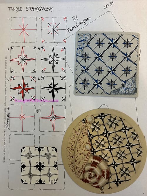 How to draw the Zentangle pattern Stargazr, tangle and deconstruction by Beth Gaughan. Image copyright the artist and used with permission, ALL RIGHTS RESERVED. How to draw the Zentangle pattern Stargazr, tangle and deconstruction by Beth Gaughan. Image copyright the artist and used with permission, ALL RIGHTS RESERVED.