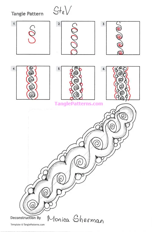 How to draw the Zentangle pattern SteV, tangle and deconstruction by Monica Sherman. Image copyright the artist and used with permission, ALL RIGHTS RESERVED.