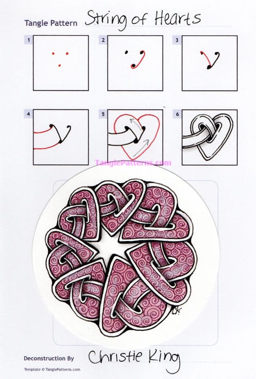 How to draw the Zentangle pattern String of Hearts, tangle and deconstruction by Christie King. Image copyright the artist and used with permission, ALL RIGHTS RESERVED.
