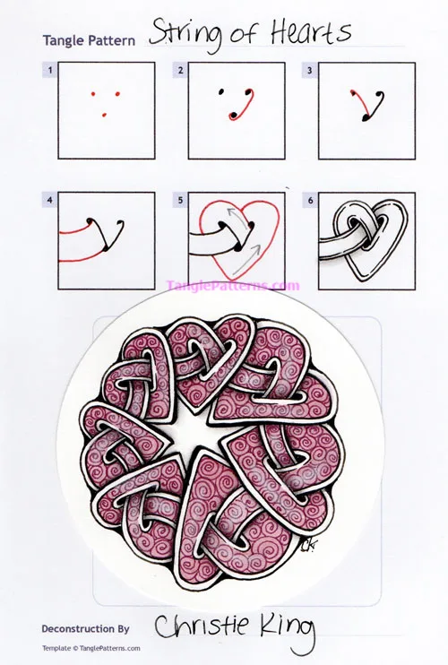 How to draw the Zentangle pattern String of Hearts, tangle and deconstruction by Christie King. Image copyright the artist and used with permission, ALL RIGHTS RESERVED. How to draw the Zentangle pattern String of Hearts, tangle and deconstruction by Christie King. Image copyright the artist and used with permission, ALL RIGHTS RESERVED.