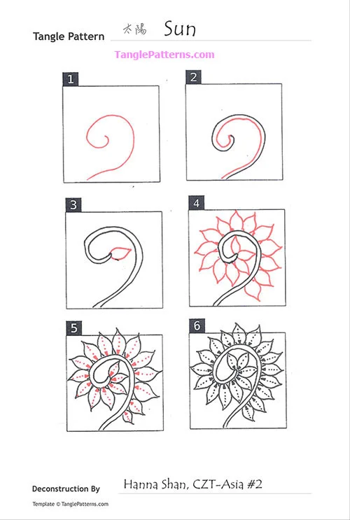 How to draw the Zentangle pattern Sun, tangle and deconstruction by Hanna Shan. Image copyright the artist and used with permission, ALL RIGHTS RESERVED.