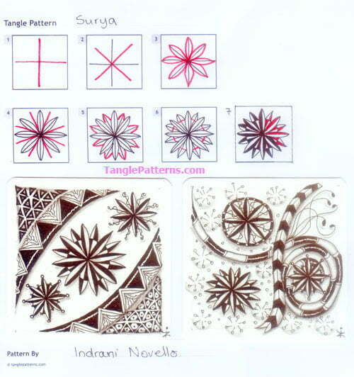 How to draw the Zentangle pattern Surya, tangle and deconstruction by Indrani Novello. Image copyright the artist and used with permission, ALL RIGHTS RESERVED.