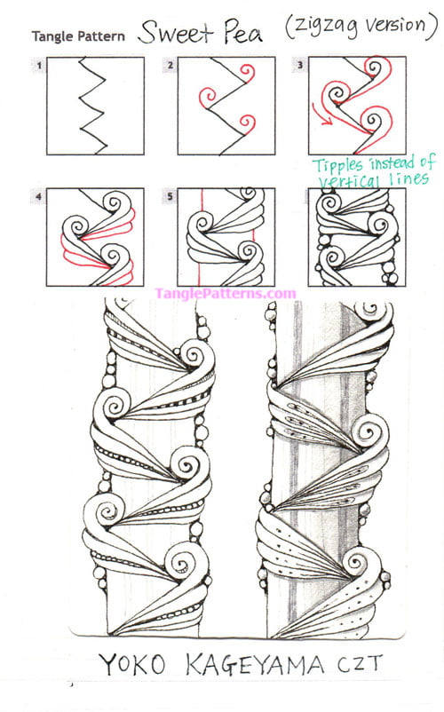 How to draw the Zentangle pattern Sweet Pea, tangle and deconstruction by Yoko Kageyama. Image copyright the artist and used with permission, ALL RIGHTS RESERVED.