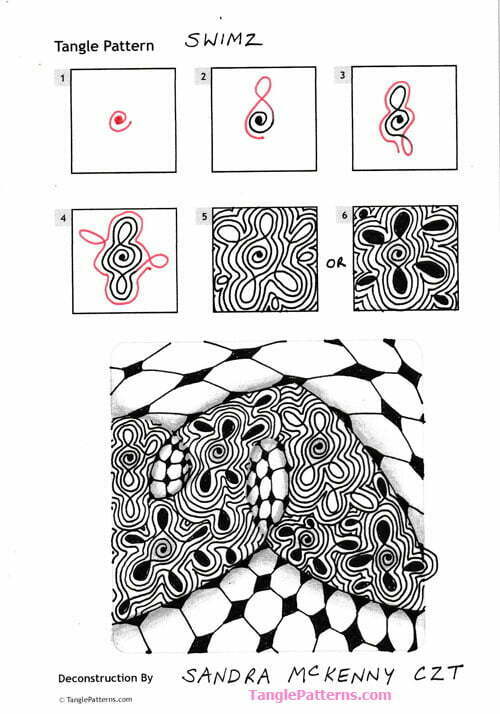 How to draw the tangle pattern Swimz, tangle and deconstruction by CZT Sandra McKenny. Image copyright the artist and used with permission, ALL RIGHTS RESERVED.